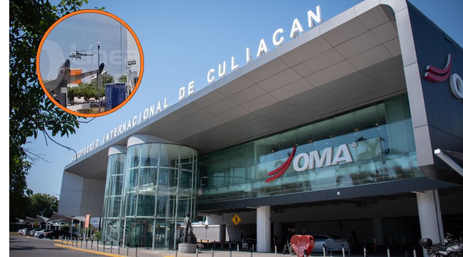 Aeropuerto de Culiacán de fondo, en circulo arribo de helicóptero a zona naval