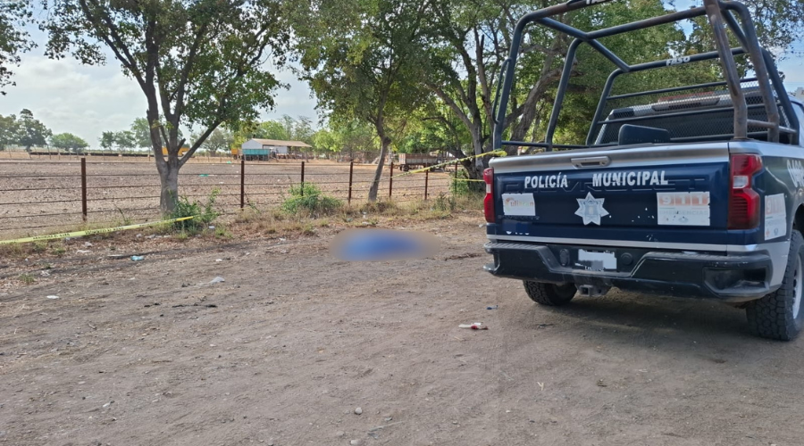 Unidad de policía estacionada al lado de la carretera y una manta azul cubriendo a un hombre asesinado en el suelo