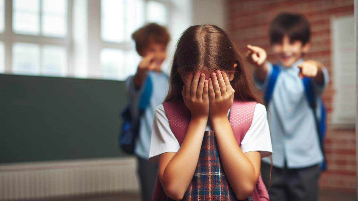 Niña con la cara cubierta y niños burlándose detrás de ella