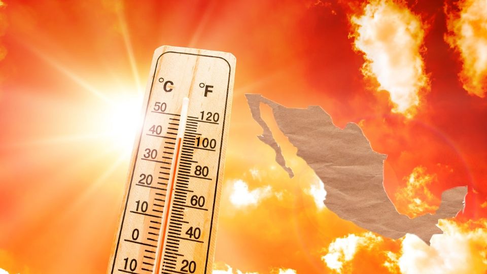 mapa de mexico con un termemoetro en naranja mucho calor
