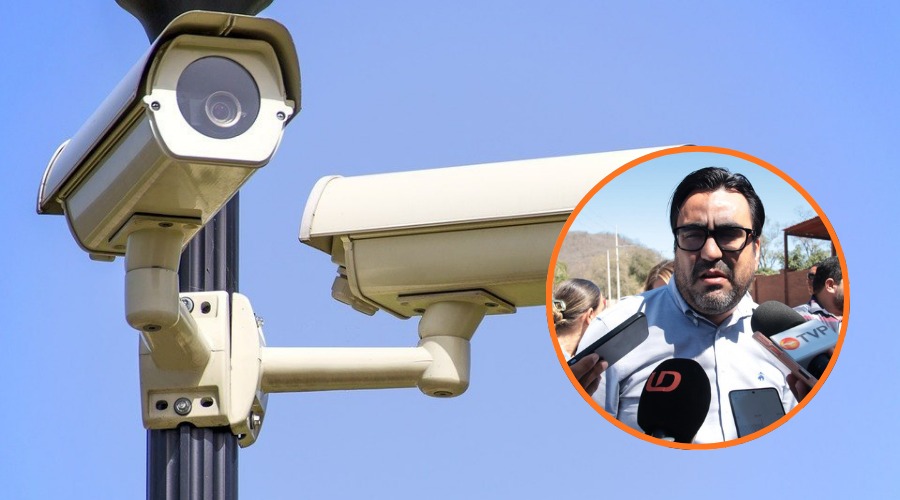 cámaras de videovigilancia y en un círculo el alcalde de Culiacán, Juan de Dios Gámez