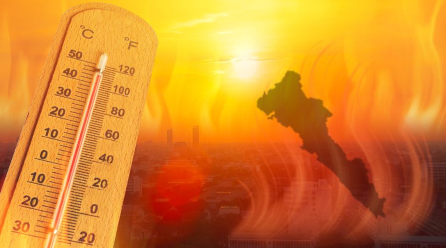 Termómetro indicndo altas temperaturas y mapa de Sinaloa entre llamas y un fondo de cielo con sol ardiente