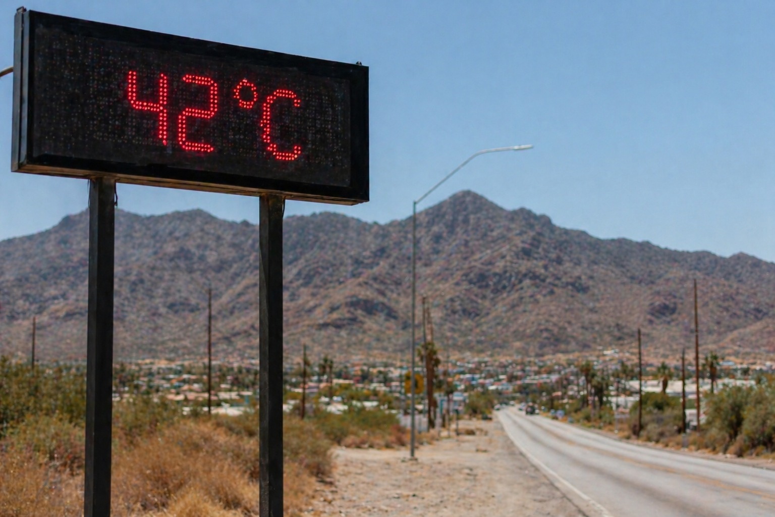 Paisaje de carretera con un letrero indicando la temperatura en la zona