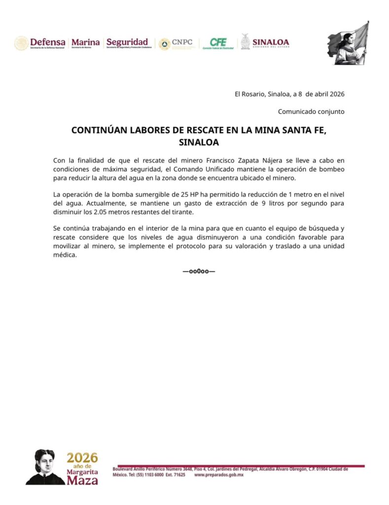 Comunicado de las labores de rescate de mineros en la mina Santa Fe