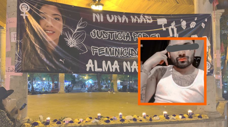 Imagen de manta por el feminicidio de Alma Navarrete y en la esquina derecha el hombre detenido. Detienen a presunto feminicida de Alma Navarrete