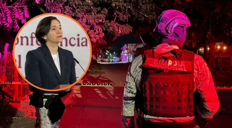 Militares en una calle con una cinta amarilla de precaución y en un círculo la títular del Secretariado Ejecutivo del Sistema Nacional de Seguridad Pública
