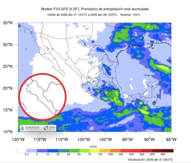 Imagen satelital de México que representa lluvias con colores verdes y azules que indica pronóstico de precipitaciones