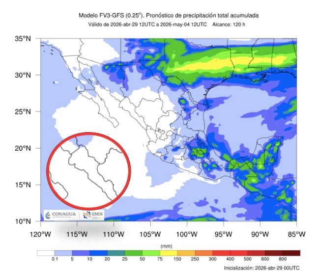 Imagen satelital de México que representa lluvias con colores verdes y azules que indica pronóstico de precipitaciones
