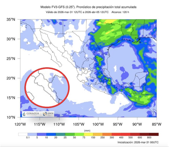 Imagen satelital de México que representa lluvias con colores verdes y azules que indica pronóstico bajo de precipitaciones