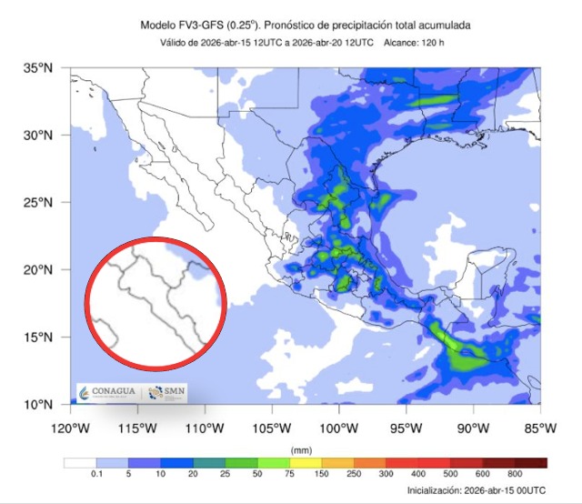 Imagen satelital de México que representa lluvias con colores verdes y azules que indica pronóstico bajo de precipitaciones