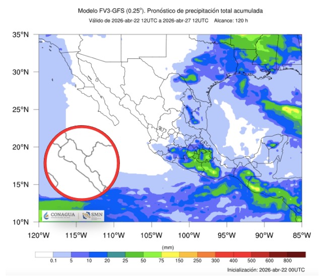 Imagen satelital de México que representa lluvias con colores verdes y azules que indica pronóstico de precipitaciones