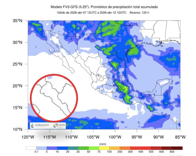 Imagen satelital de México que representa lluvias con colores verdes y azules que indica pronóstico bajo de precipitaciones