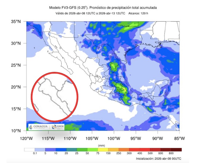 Imagen satelital de México que representa lluvias con colores verdes y azules que indica pronóstico bajo de precipitaciones