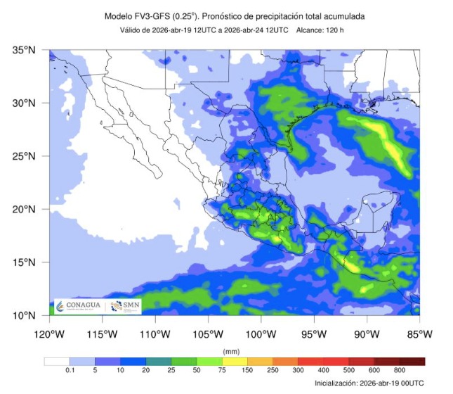 Imagen satelital de México que representa lluvias con colores verdes y azules que indica pronóstico de precipitaciones