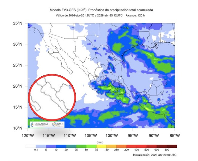 Imagen satelital de México que representa lluvias con colores verdes y azules que indica pronóstico bajo de precipitaciones