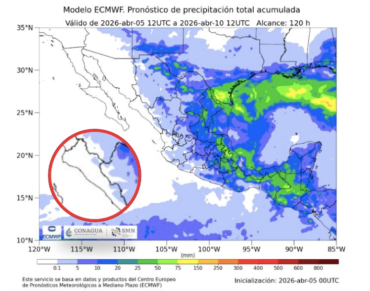 Imagen satelital de México que representa lluvias con colores verdes y azules que indica pronóstico bajo de precipitaciones