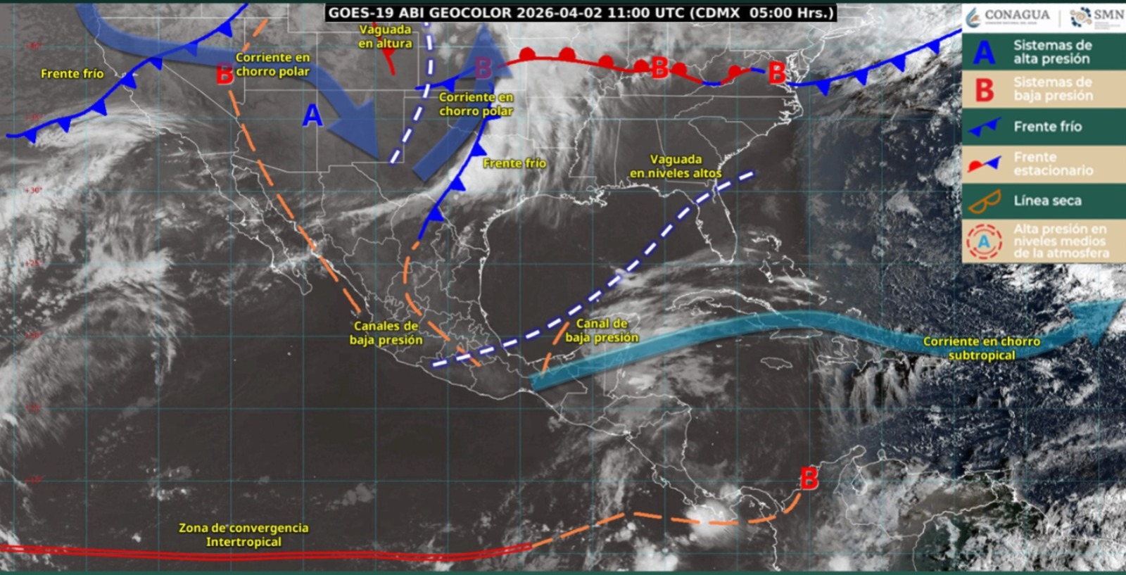 Imagen satelital de México indicando los sistemas meteorológicos activos con líneas y flechas