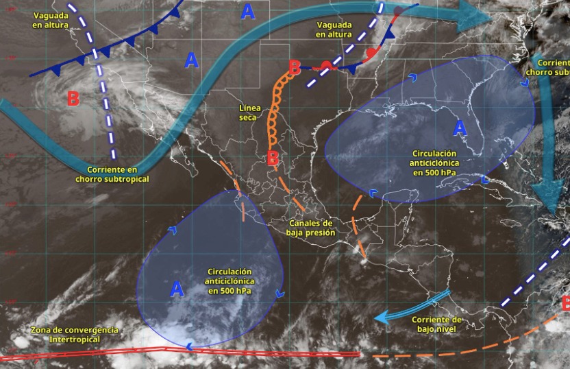Imagen satelital de México indicando los sistemas meteorológicos activos en México