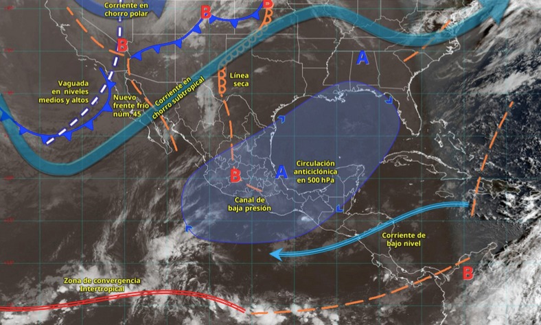Imagen satelital de México indicando los sistemas meteorológicos activos
