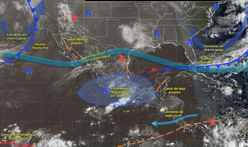 Imagen satelital de México indicando los sistemas meteorológicos activos