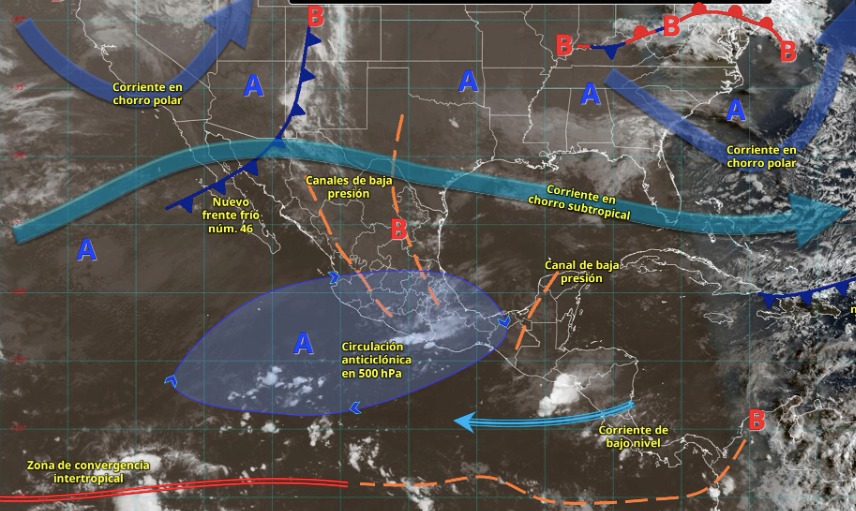 Imagen satelital de México indicando los sistemas meteorológicos activos