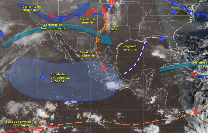 Imagen satelital de México indicando los sistemas meteorológicos activos