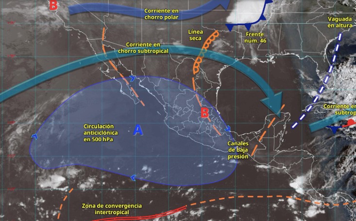 Imagen satelital de México indicando los sistemas meteorológicos activos