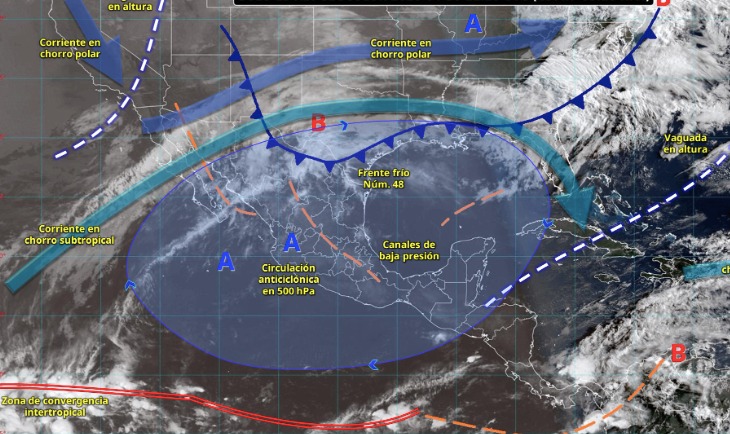 Imagen satelital de México indicando los sistemas meteorológicos activos