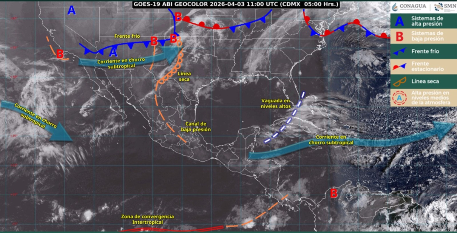 Imagen satelital de México indicando los sistemas meteorológicos activos en con flechas y líneas