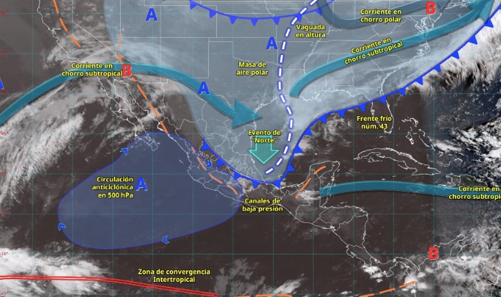 Imagen satelital de México indicando los sistemas meteorológicos activos con flechas y líneas