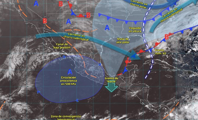 Imagen satelital de México indicando los sistemas meteorológicos activos en