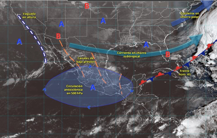 Mapa de México con líneas y flechas indicando los sistemas meteorológicos activos
