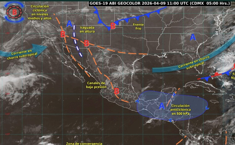 Mapa de México con líneas, flechas y capas de color que inidican los sistemas metereológicos activos que están activos sobre el país