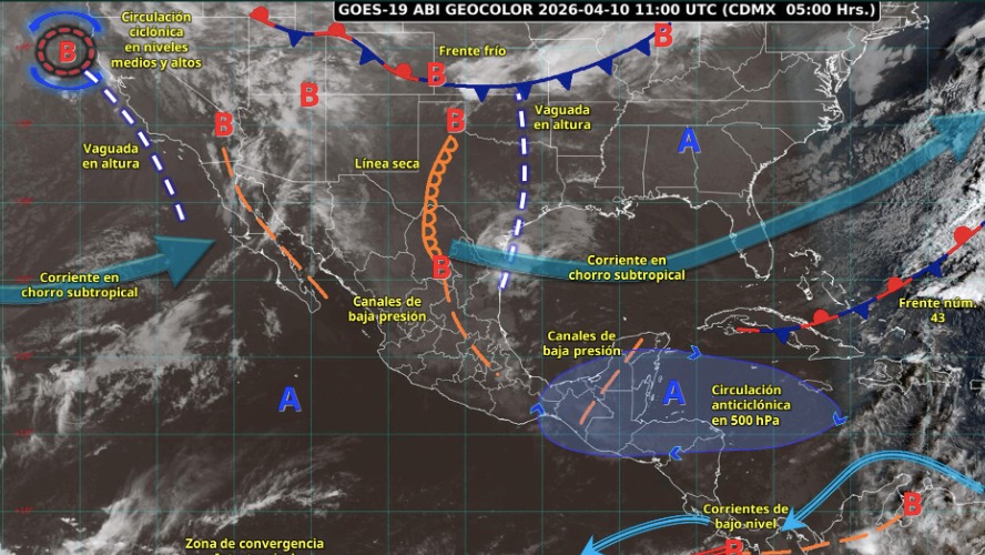 Imagen satelital de México indicando los sistemas meteorológicos activos con flechas y líneas