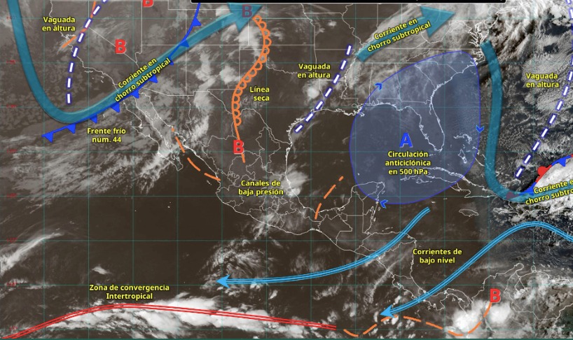Imagen satelital de México indicando los sistemas meteorológicos activos con flechas y líneas