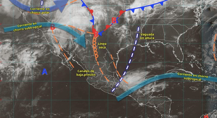 Imagen satelital de México indicando los sistemas meteorológicos activos