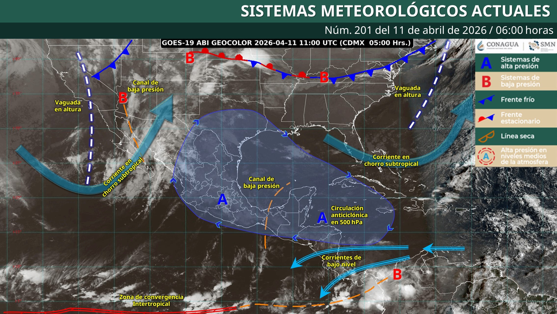 Mapa de México con líneas y flechas indicando los sistemas metereológicos activos