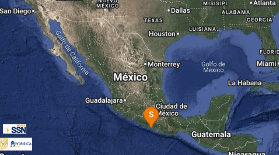 mapa con registro de sismo en Guerrero.