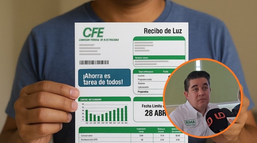 Recibo de luz de la CFE y en un círculo una persona con un micrófono frente a él
