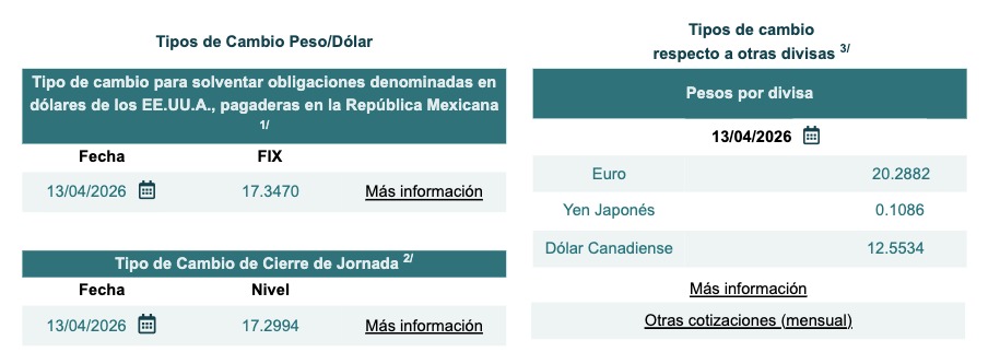 Tablas mostrando información del tipo de cambio