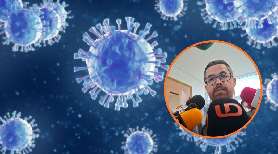 Imagen ilustrativa de virus en la sangre y en un círculo Cuitlahuac, titular de salud