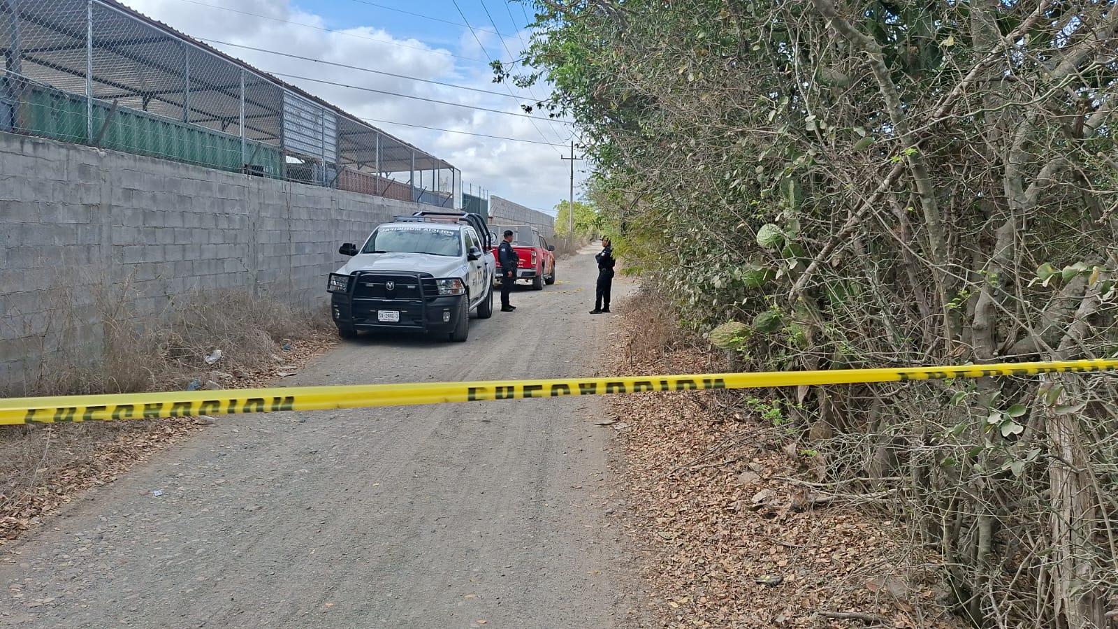 Terreno llano asegurado y al fondo unidades y elementos de seguridad