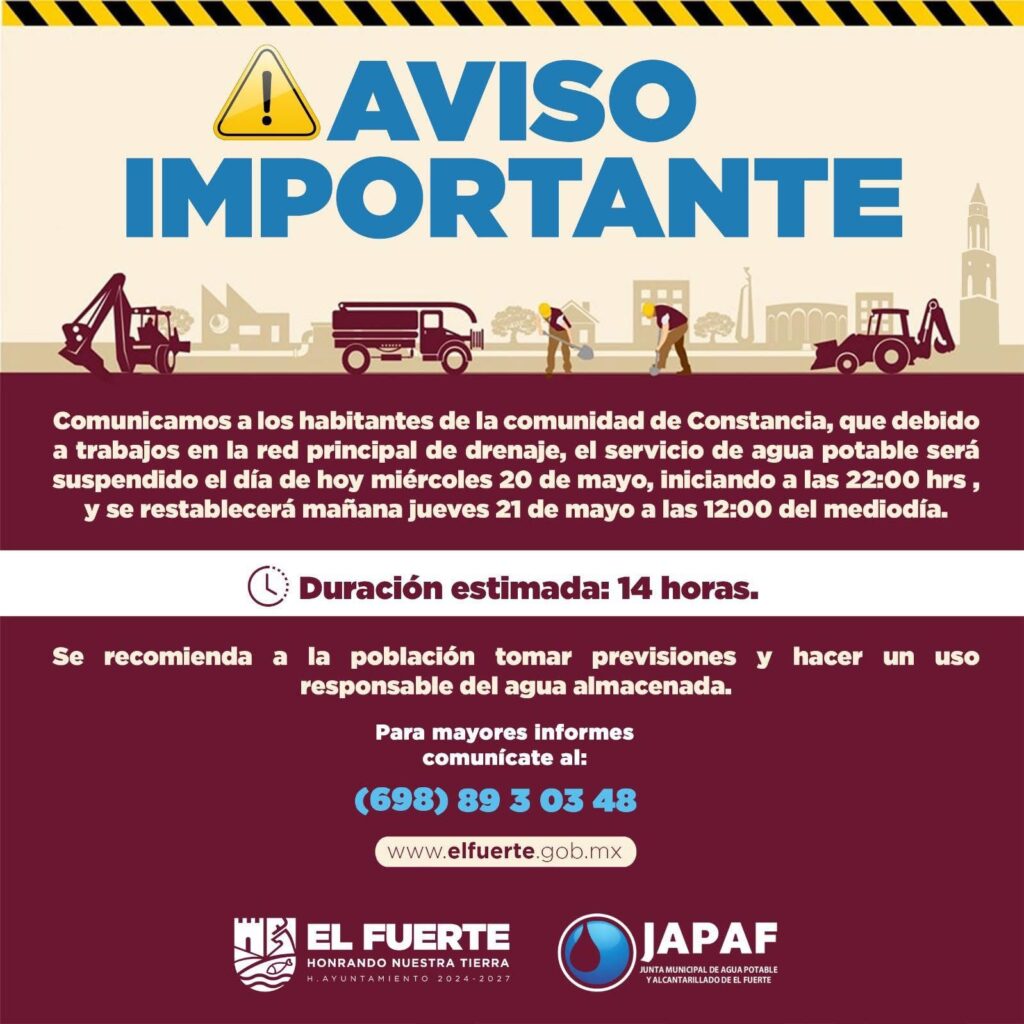 Por tercera ocasión en lo que va de mayo, habitantes de la comunidad de La Constancia, en el municipio de El Fuerte, enfrentarán una nueva suspensión en el servicio de agua potable