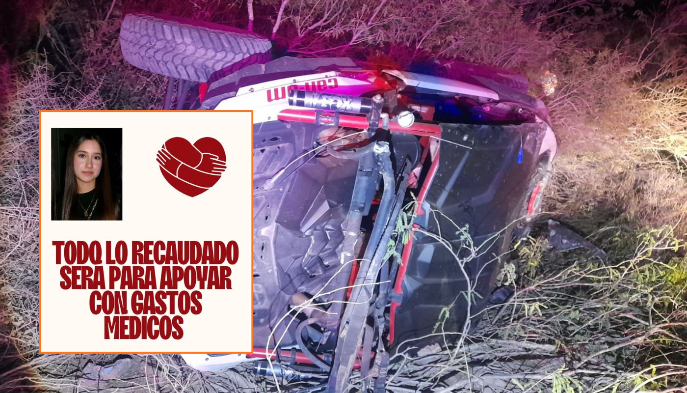 En grande vehículo volcado y en recuadro solicitud de apoyo