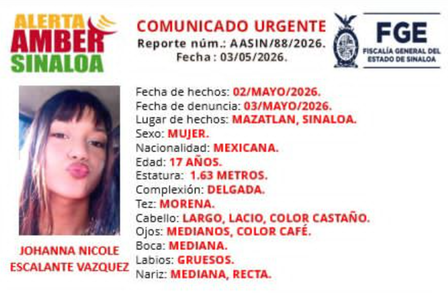 Fiscalía activa Alerta Amber para localizar a la menor Johanna Nicole desaparecida en Mazatlán