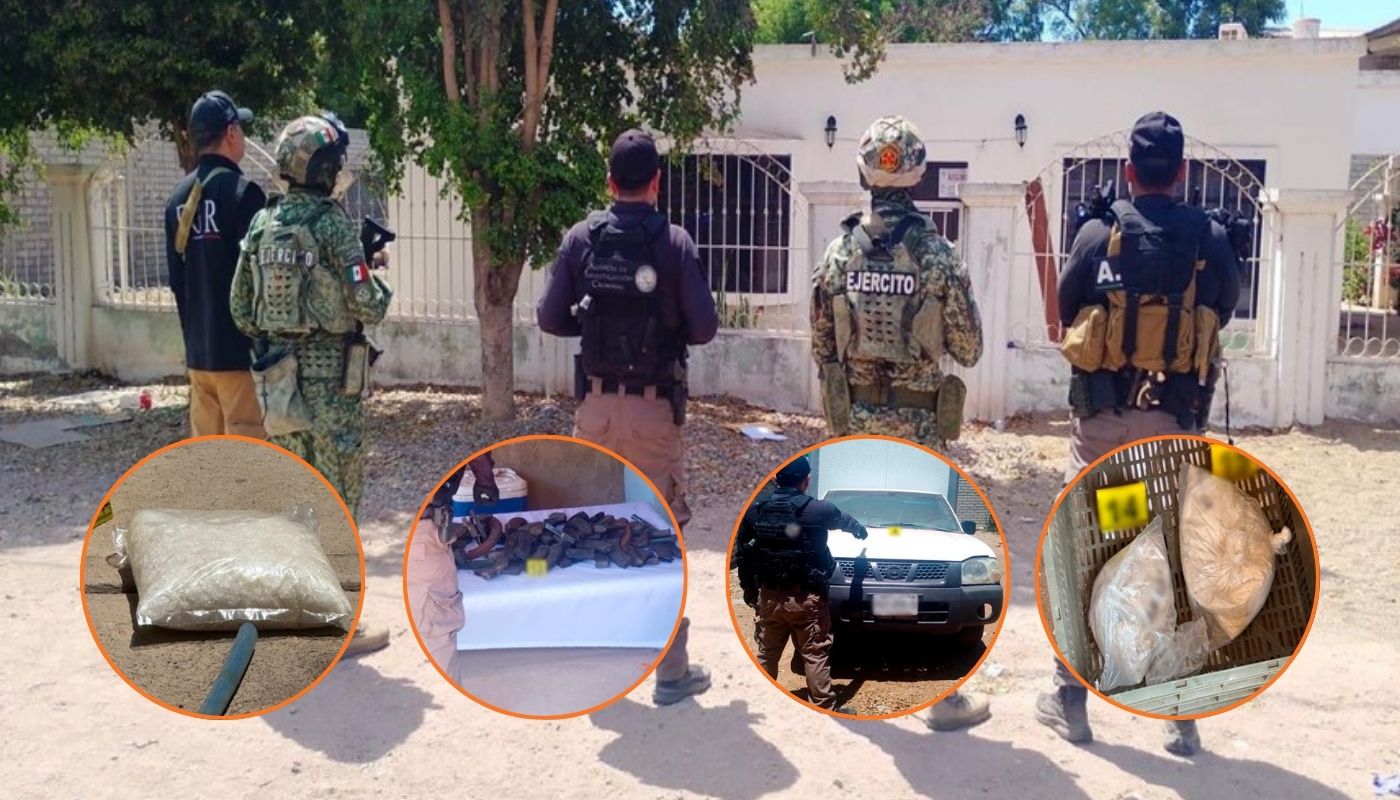 En grande autoridades de seguridad de espaldas y en circulos drogas y artefactos confiscados