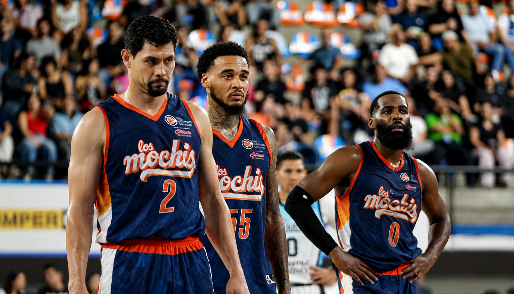 Tres jugadores del equipo de basquetbol Los Mochis permanecen en la duela durante un partido del Cibacopa 2026 ante una arena con aficionados en las gradas.