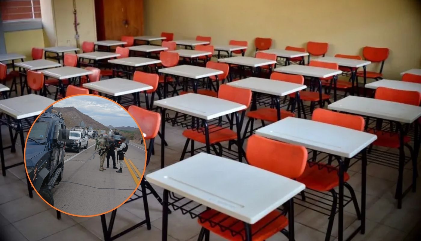 En grande aula de clases vacía y en circulo autoridades de seguridad