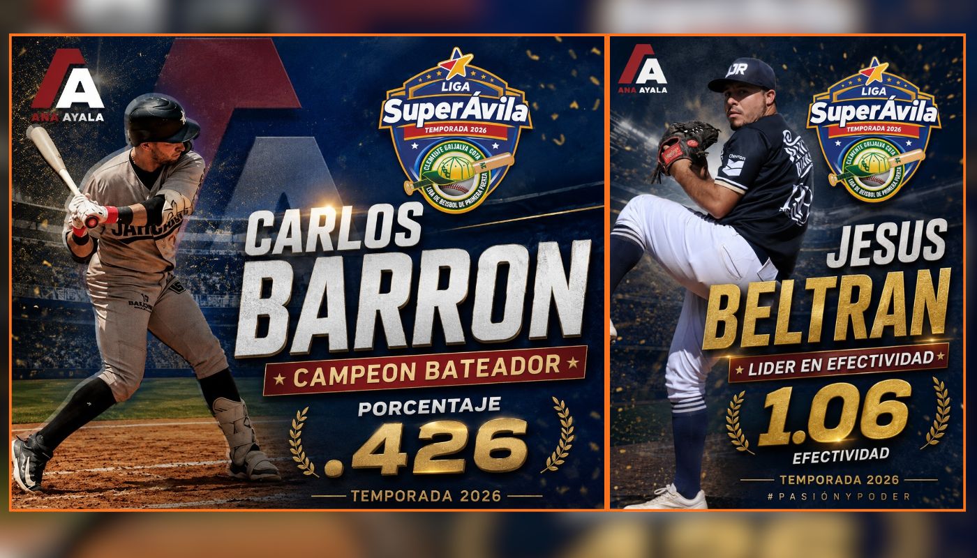 Jugadores de beisbol, a la izquierda un bateador con sus porcentajes de bateo y a la derecha un pitcher con su efectividad