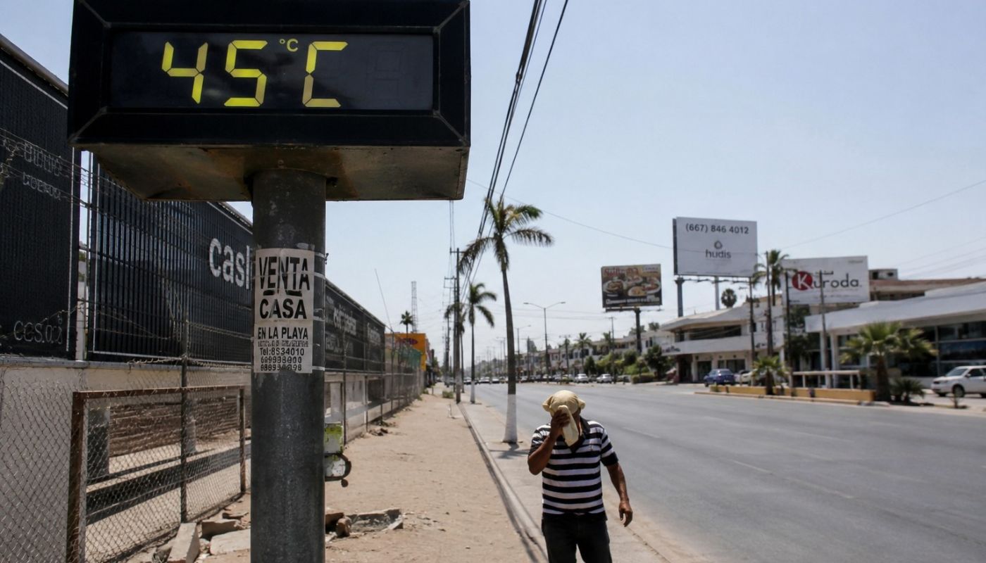 Persona secandose el sudor mientras camina por una calle con un letrero de la temperatura bajo un sol despejado y soleado